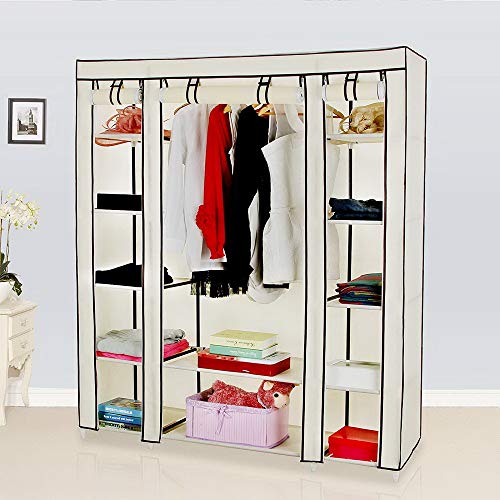 Portable Clothes Closet, Wardrobe Storage Organizer with Non-Woven Fabric, Quick and Easy to Assemble (Beige)