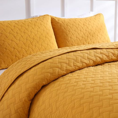 Wistown Cotton Queen Bedspread Quilt Bedding Set, Yellow | 3 Pieces Reversible Lightweight Soft Coverlets Comforters, All Seasons, Weave Stitching Pattern - color: Yellow Weave Pattern, size: Queen (90 by 98inch)