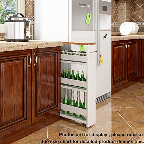 TEAMIX Slim Rolling Storage Cart, Wood 4-Tier Narrow Kitchen/Laundry Cart | 5.5"W Thin Cabinet with Wheels and Handle, Use as Spice Rack Next to Fridge, Laundry Room Organization Between Washer & Dryer - color: White, size: 5-1/2'' W