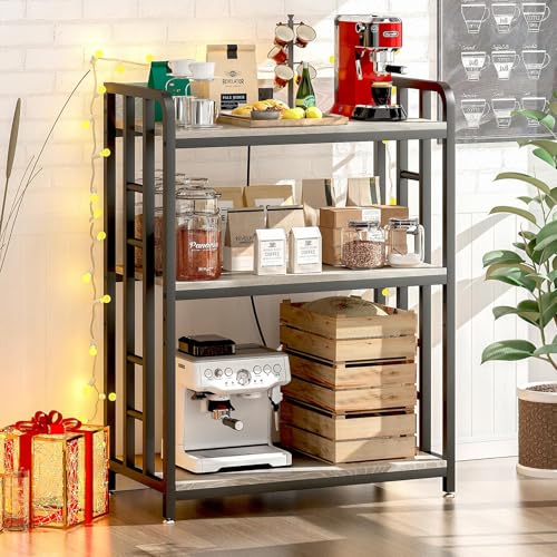 Baker's Rack with Power Outlet, 3-Tier Adjustable Microwave Cart, Greige | Microwave Stand with Storage, Spice Rack，Locking Wheels, Coffee Station for Kitchen，Living Room，Coffee Bar，Office - color: Greige
