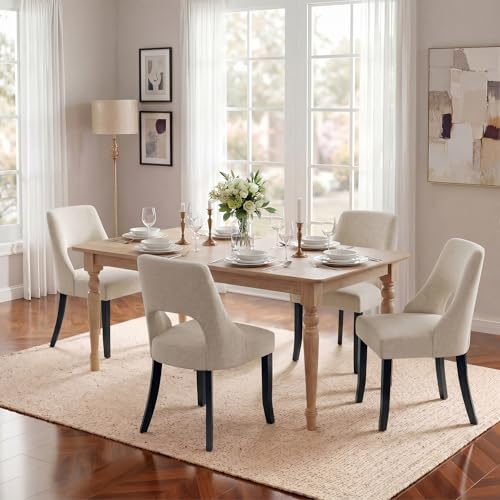 UVV Wooden Dining Chairs Set of 2, Mid Century Upholstered Dining Room Chair Kitchen Chairs, Fabric Dinner Chair with Solid Wood Legs for Kitchen Dining Room, Beige-Black Legs - color: Beige-black Legs, size: Set of 2