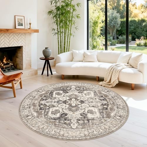 YOUFORTONG Washable 6ft Round Area Rug: Living Room Vintage Circle Area Rugs Stain Resistant Carpet for Bedroom Non-Slip Soft Low Pile Floor Decor Mat for Dining Room (Beige/Brown/Grey, 6'Round) - color: Beige, size: 6' (Round)