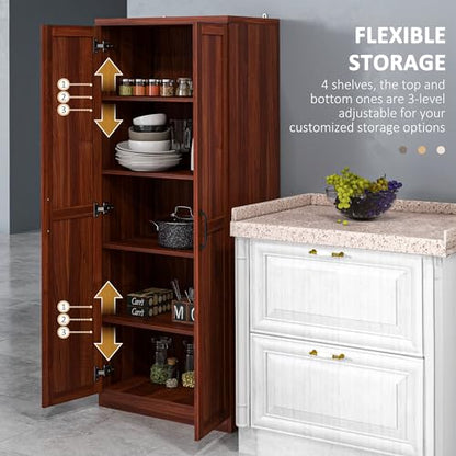 HOMCOM 63" 2-Door Kitchen Pantry 5-Tier Tan | Freestanding Storage Cabinet, Shelving, 2 Adjustable Shelves, for Dining Room - color: Tan