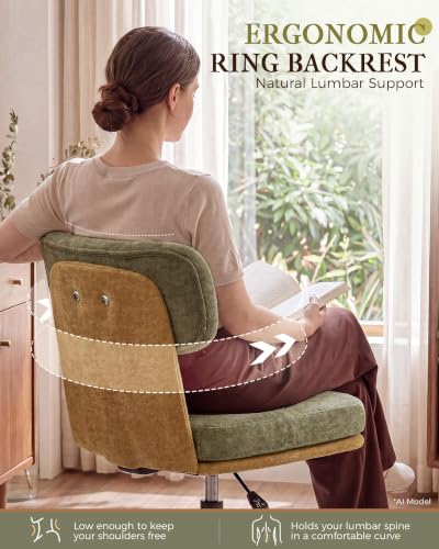 COMHOMA Home Office Desk Chairs with Ergonomic Curved Backrest, Mid Century Modern Vanity Chair with Wheel for Bedroom, Chenille Upholstered, Green - color: Green, Chenille