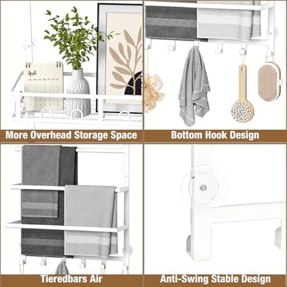 Aetyord Towel Racks for Bathroom Over The Door Towel Rack Towel Storage with Metal Shelf Basket and Hooks White