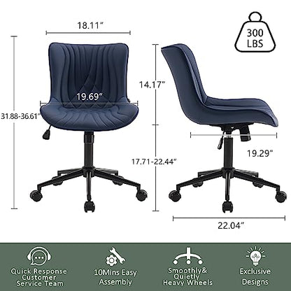 YOUTASTE Navy Blue Office Chair, Faux Leather Armless Desk Chair with Wheels, Height Adjustable, Swivel, Rocking, 300 lbs Capacity, Metal Base, for Home Office Vanity, Purple - color: Navy Blue