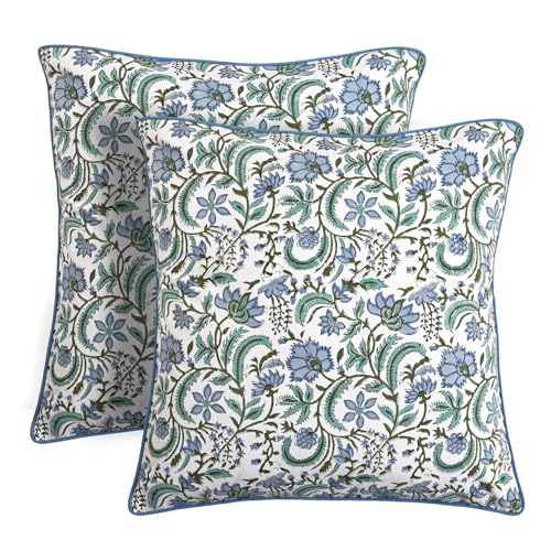 Block Print Columbia Blue Pillow Cover 18" x 18" (Pack of 2) Decorative Couch Pillows for Living Room, Chic Boho Cute Outdoor Pillows Covers Gifts for Spring, Easter and Valentine - color: Columbia Blue, size: 18" x 18" (Pack of 2)