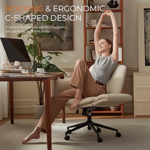 Dowinx Criss Cross Chair with Five-Level Adjustable Arms and Wheels - Comfortable Ergonomic PU Leather Swivel Vanity Chair - Computer Makeup Gaming Chair for Home Office, Bedroom, Vanity Room (Cream) - color: Cream