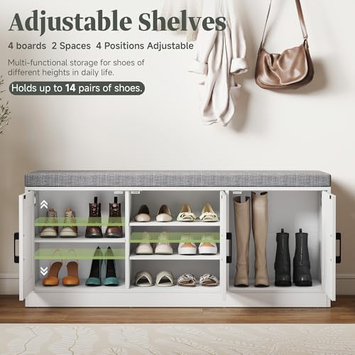 Turosur Shoe Storage Bench with Cabinet, 3-Tier Entryway Bench with Padded Seat Cushion, Shoe Cabinet Bench with 4 Adjustable Shelves for Bedroom, Mudroom, White