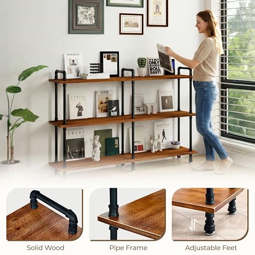 Industrial Bookshelf, Pipe Shelf Bookcase, 3 Tier, 60" Rustic Brown | Solid pine shelves, 60 inch wide, black pipe frame, 70 lbs per shelf, open bookcase for books, plants, office - color: Rustic Brown, size: 60"L × 39"H