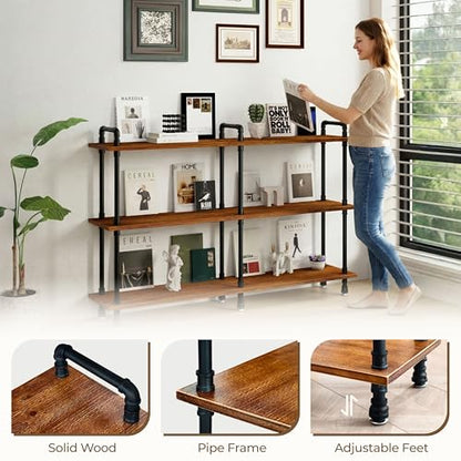 Industrial Bookshelf, Pipe Shelf Bookcase, 3 Tier, 60" Rustic Brown | Solid pine shelves, 60 inch wide, black pipe frame, 70 lbs per shelf, open bookcase for books, plants, office - color: Rustic Brown, size: 60"L × 39"H