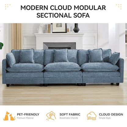 111'' Sectional Cloud Deep Seat Couch, Modern Comfy Chenille Modular Sectional Sofa for Living Room Set, Upholstered Modular 3-Seats Sofa Couch, Blue - color: Blue, size: 111'' 3 Seats