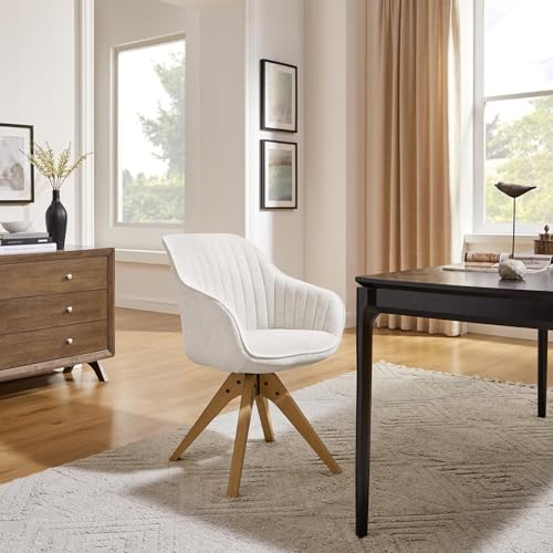 Swivel Desk Chair for Home Office, Fabric, Off White | No Wheels, Oka Wood Legs, Mid Century Modern, Upholstered, 360° Swivel, Accent Chair, Living Room, Bedroom - color: Off White, size: Fabric