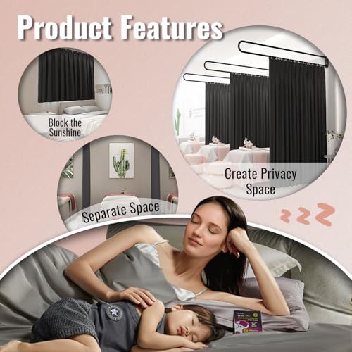 U-Shape Room Divide with Metal Support Rod, 6.56ft,Black | Curtain for Beauty Salon,Wall Mounted Privacy Partition Curtains for Fitting Room, SPA, Bedroom, Room Divider,Hospital - color: Black