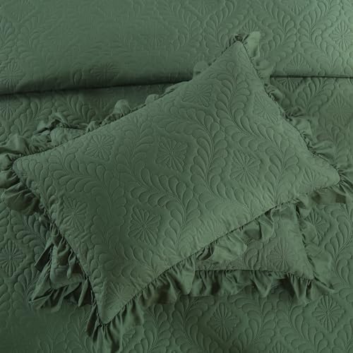 DJY Queen Quilt Set, 3 Pieces Ruffled Bedspreads Quilt, Olive Green | Lightweight Soft Bedding Coverlet for All Seasons, 96''x90'' (Includes 1 Quilt, 2 Pillow Shams) - color: Olive Green, size: Queen