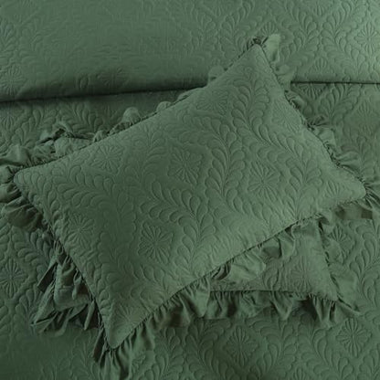 DJY Queen Quilt Set, 3 Pieces Ruffled Bedspreads Quilt, Olive Green | Lightweight Soft Bedding Coverlet for All Seasons, 96''x90'' (Includes 1 Quilt, 2 Pillow Shams) - color: Olive Green, size: Queen