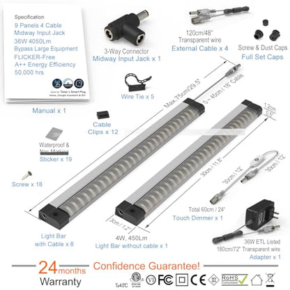 EBD Under Cabinet Lighting Plug in or Hardwired, 9 Pcs 12 Inch No Messy Wires Built-in Adjustable Cable LED Light, T-Connector Counter Lights for Smart Plug Kitchen Home Office 6500K 4050Lm 4 Cables - size: 9-Pack 4 Cables