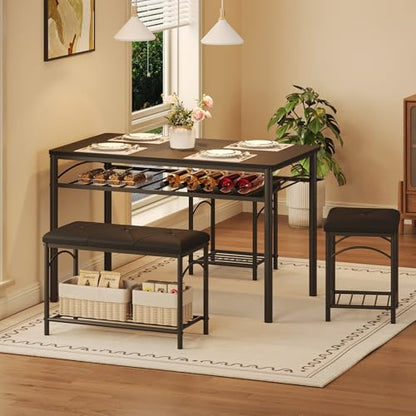 Space-Saving Dining Table Set for 4, Modern Kitchen Dinette with Padded Upholstered Bench & 2 Stools, Anti-Wobble Metal Frame Dining Furniture with Multi-Layer Storage Shelf, Waterproof Wood Grain Tab - color: Black