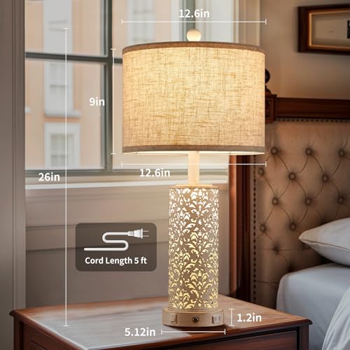 SAIWEYA 26" Set of 2 Farmhouse Table Lamp for Bedroom, Dimmable Touch | 3 Way Dimmable, 2 USB Ports + AC Outlet Bedside Lamp for Nightstand, LED Bulb Included, Fabric Shade, Flower Metal Body - color: White-26in