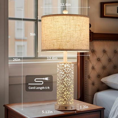 SAIWEYA 26" Set of 2 Farmhouse Table Lamp for Bedroom, Dimmable Touch | 3 Way Dimmable, 2 USB Ports + AC Outlet Bedside Lamp for Nightstand, LED Bulb Included, Fabric Shade, Flower Metal Body - color: White-26in