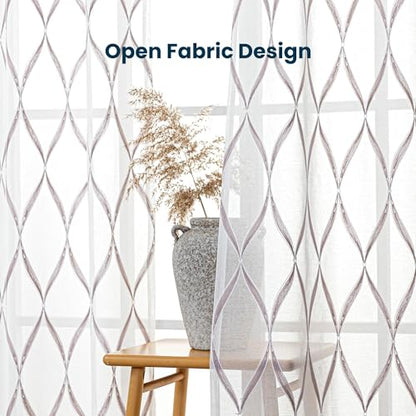 SLEEP ZONE Sheer Curtains for Living Room and Bedroom, Embroidered Sheer Curtains White Sheer Curtain 42 × 63 inch Length of 2 Panels, Off-White Waves - color: White Waves, size: 42"W×63"L