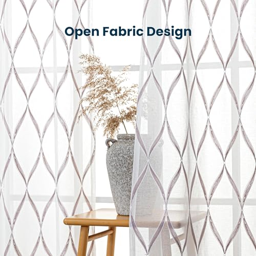 SLEEP ZONE Sheer Curtains for Living Room and Bedroom, Embroidered Sheer Curtains White Sheer Curtain 52 × 84 inches Long of 2 Panels, Off-White Waves - color: White Waves, size: 52"W×84"L