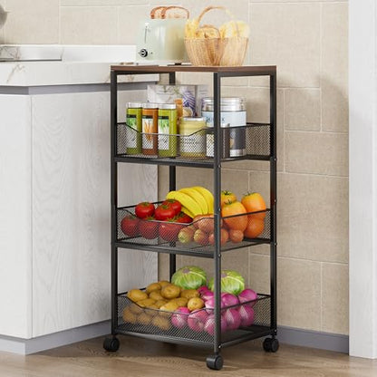 HapiRm Fruit Basket Kitchen Cart - 4-Tier Rolling Storage Cart with Wheels, Fruit Vegetable Basket with Wood Top, Pantry Utility Kitchen Organizer for Fruit Potato Onion Vegetable Bread Snack - color: Black
