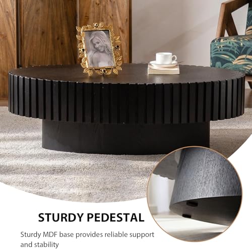 Oval Fluted Drum Coffee Table with Pedestal Base | 43.3'' Modern Black Wooden Drum Center Table, Handcrafted Solid Wood Fluted Edge, For Living Room & Apartment - color: Oval Black