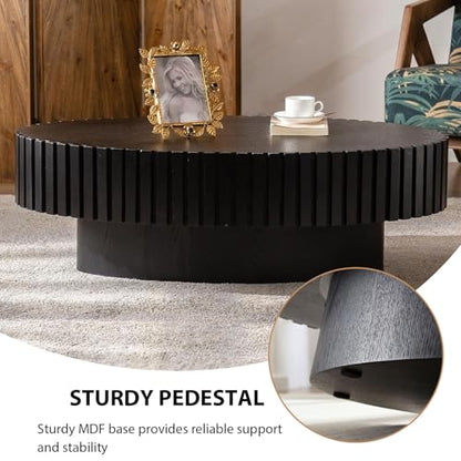 Oval Fluted Drum Coffee Table with Pedestal Base | 43.3'' Modern Black Wooden Drum Center Table, Handcrafted Solid Wood Fluted Edge, For Living Room & Apartment - color: Oval Black
