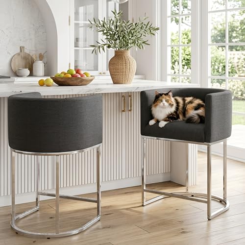 HNY Modern Counter Height Linen Charcoal Fabric Upholstered Counter Stools Set of 2, 24 Inch Kitchen Island Stool with Chrome Finish Metal Frame - color: 24inch Charcoal,chrome Base