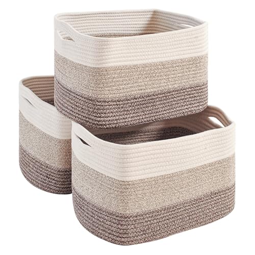 Storage Baskets for Organizing Shelves, Woven Cotton Rope Basket for Storage, Decorative Baskets for Shelves, Soft Basket for Living Room Bedroom, 14.8"×11"×9.5", Pack of 3, Gradient Brown - color: Gradient Brown
