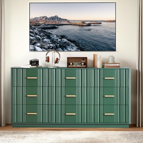 Fluted 9 Drawer Dresser,59"Wide Modern Chest of Drawers with Sturdy Base,Wood Closet Organizers,TV Stand,Storage Dresser with 9 Deep Drawers for Bedroom Living Room Hallway Entryway Nursery(Green) - color: 47" Wide Walnut