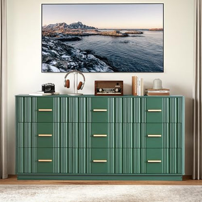 Fluted 9 Drawer Dresser,59"Wide Modern Chest of Drawers with Sturdy Base,Wood Closet Organizers,TV Stand,Storage Dresser with 9 Deep Drawers for Bedroom Living Room Hallway Entryway Nursery(Green) - color: 47" Wide Walnut