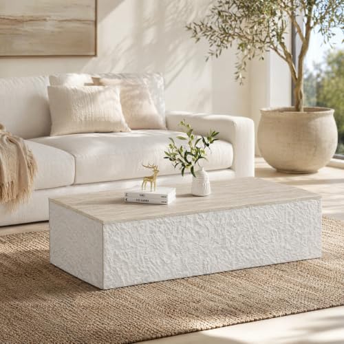 Henf Modern Faux Stone Coffee Table with Travertine Top, 47''x24''x14'' | Multi-Use Living Room Table, Faux Rock Base, Low-Profile Design, Waterproof & Stain-Resistant, Scratch-Resistant Surface - color: Natural, size: 47in