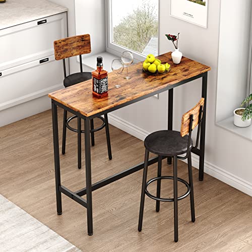 KIVENJAJA Bar Table and Chairs Set for 2, 3-Piece Small Pub Bistro Table and Upholstered Stools with Backrest, Counter Height Dining Table Set for Kitchen Restaurant, Rustic Brown - color: Rustic Brown, size: 3pcs-Rectangular Table