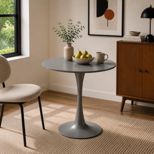 31.5" Grey Round Dining Table, Tulip Pedestal Dining Table for 2-4 | Small Space Dining Table with Grey MDF Round Top, Tulip Pedestal Base, Seats 2-4 for Apartments and Breakfast Nooks - color: Grey