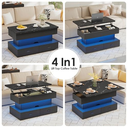 Turosur 40" Lift Top Coffee Table, LED Coffee Tables with Storage and 4 Drawers, Coffee Table with Lifting top for Living Room Home Office, Black - color: Black