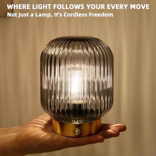 MJ PREMIER Rechargeable Table Lamp, Cordless Lamp with Memory Function,Gray | Small Glass LED Lamp with Dimmable Brightness, Decorative Touch Lamps for Bedroom Living Room