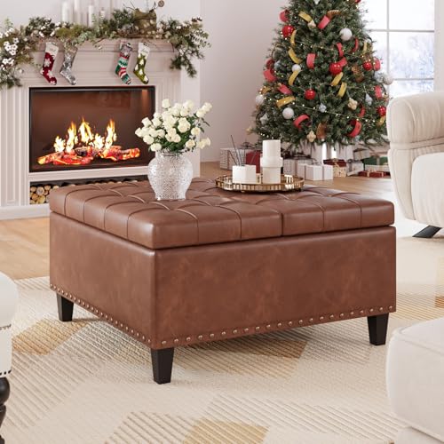 FiveWillowise 31.5 Inch Large Square Ottoman with Storage,Faux Leather | Coffee Table Storage Ottoman Bench with Lift Top Upholstered Footrest Stool Toy Box for Bedroom Living Room,Brown - color: Brown