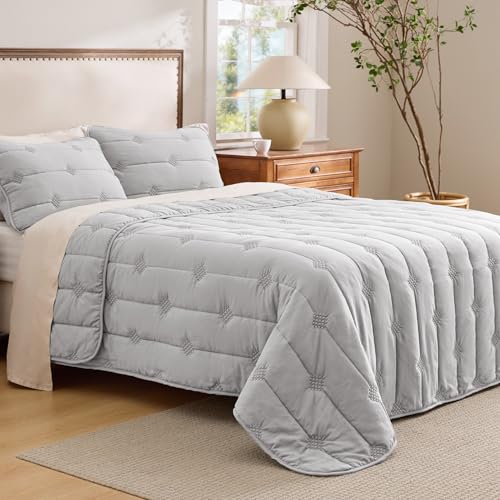 Bedsure Lightweight Comforter King Size – Extra Soft & Breathable Quilt Set, 3 Piece Prewashed Cotton-Like Polyester Bedding, Includes 1 Quilt 106x96 Inches with 2 Shams, Machine Washable, Light Grey - color: 02 - Light Grey, size: King (106" x 96")
