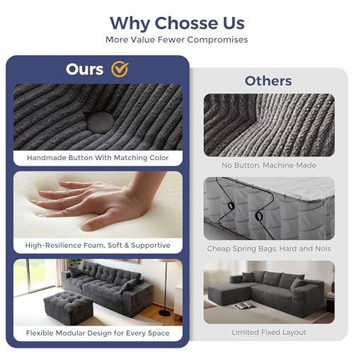 MAXYOYO Boneless Couch, 96-Inch L-Shaped Cloud Couch with Ottoman | Dark Grey Layered Cushion and Flexible Modules Create an Upholstered Sofa in a Box, No Assembly for Spacious Living Rooms. - color: Dark Grey, size: 96" L Shape