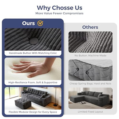 MAXYOYO Boneless Couch, 96-Inch L-Shaped Cloud Couch with Ottoman | Dark Grey Layered Cushion and Flexible Modules Create an Upholstered Sofa in a Box, No Assembly for Spacious Living Rooms. - color: Dark Grey, size: 96" L Shape