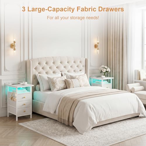 Narrow Dresser with Charging Station, Slim Dresser with 3 Fabric Drawers and Shelf, Skinny Nightstand with LED Light, Bedside Table Dresser for Bedroom, Living Room, Small Spaces, White