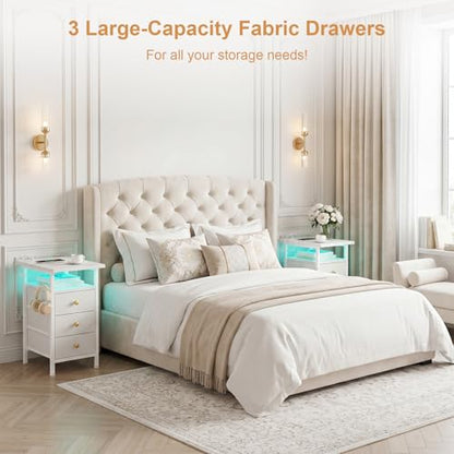 Narrow Dresser with Charging Station, Slim Dresser with 3 Fabric Drawers and Shelf, Skinny Nightstand with LED Light, Bedside Table Dresser for Bedroom, Living Room, Small Spaces, White