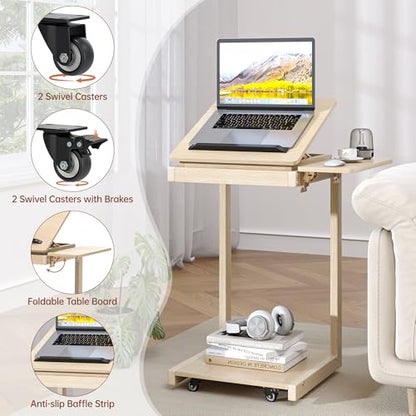 C Shaped End Table, Rolling Side Table with 4-Way Convertible Desktop, Wooden C Table with Multi-Functional Folding Tray, Side Table for Couch, Living Room, Bedroom, White Oak - color: Oak