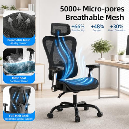 Ergonomic Office Chair, Full Mesh Desk Chair with 5D Armrests | Adjustable Lumbar Support & Headrest, 135° Stepless Reclining Backrest, Holds 350 LBS Home Task Computer Chair