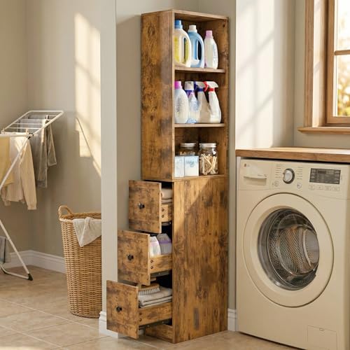 ARTETHYS Tall Slim Bathroom Storage Cabinet with Adjustable Shelves Rustic | Slim Free Standing Space Saver Organizer for Living Room Kitchen, 3 Drawers - color: Rustic