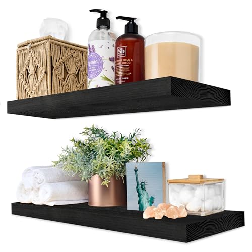 Sorbus 16" Solid Wood Floating Shelves - Set of 2 Black Wall Mounted Kitchen Shelves - Durable Pine Wood - color: Black, size: 16"