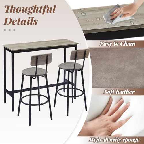43.31" Bar Table Set for 2, Counter Height Dining Table with PU Upholstered Bar Stools and Backrests, Space-Saving Small Kitchen Table for Breakfast Nook,Grey - color: Grey, style: Rectangular w/ Upholstered Stool