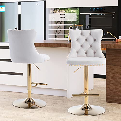 Velvet Bar Stool Set of 2, Adjustable Swivel Bar Stools with Gold Plated Metal Leg, Button Tufted, Footrest, Chrome Nailhead, Counter Height Chair for Kitchen, Bar, Dining Room (Beige) - color: Beige-gold Leg, size: Set of 2